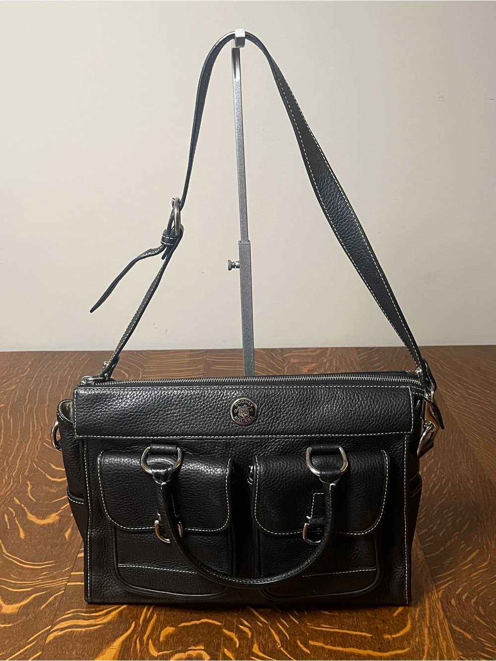 Dooney & Bourke Black Pebbled Leather Double Pocket Satchel